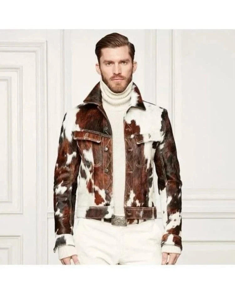 Men’s Hair-On Pony Skin Stylish Trucker Jackets Coat Western Cowhide Leather