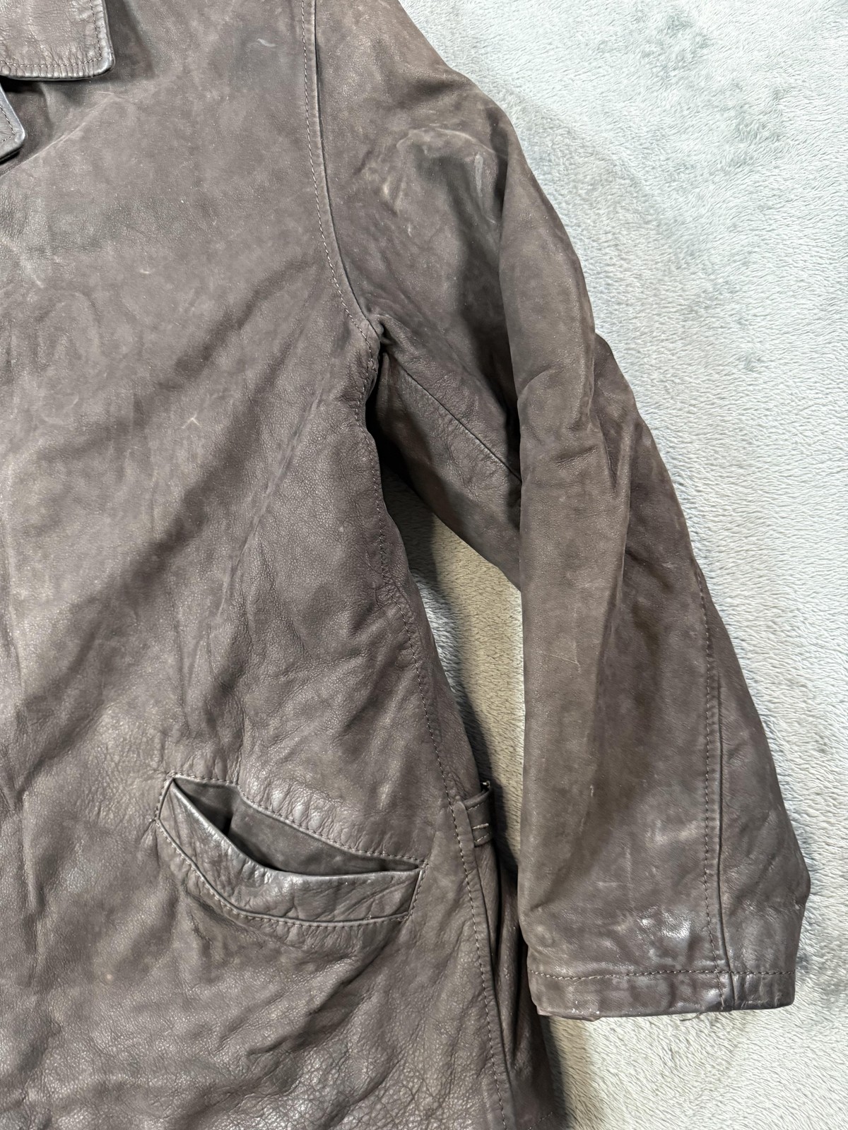 USED Leather Coat Mens 54 Brown Belted Button Front Quilted Overcoat Made Italy