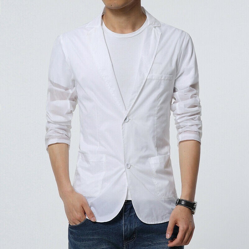 Men Notch Lapel Suit Jacket See-Through Long Sleeve Top Shirt Translucent Casual