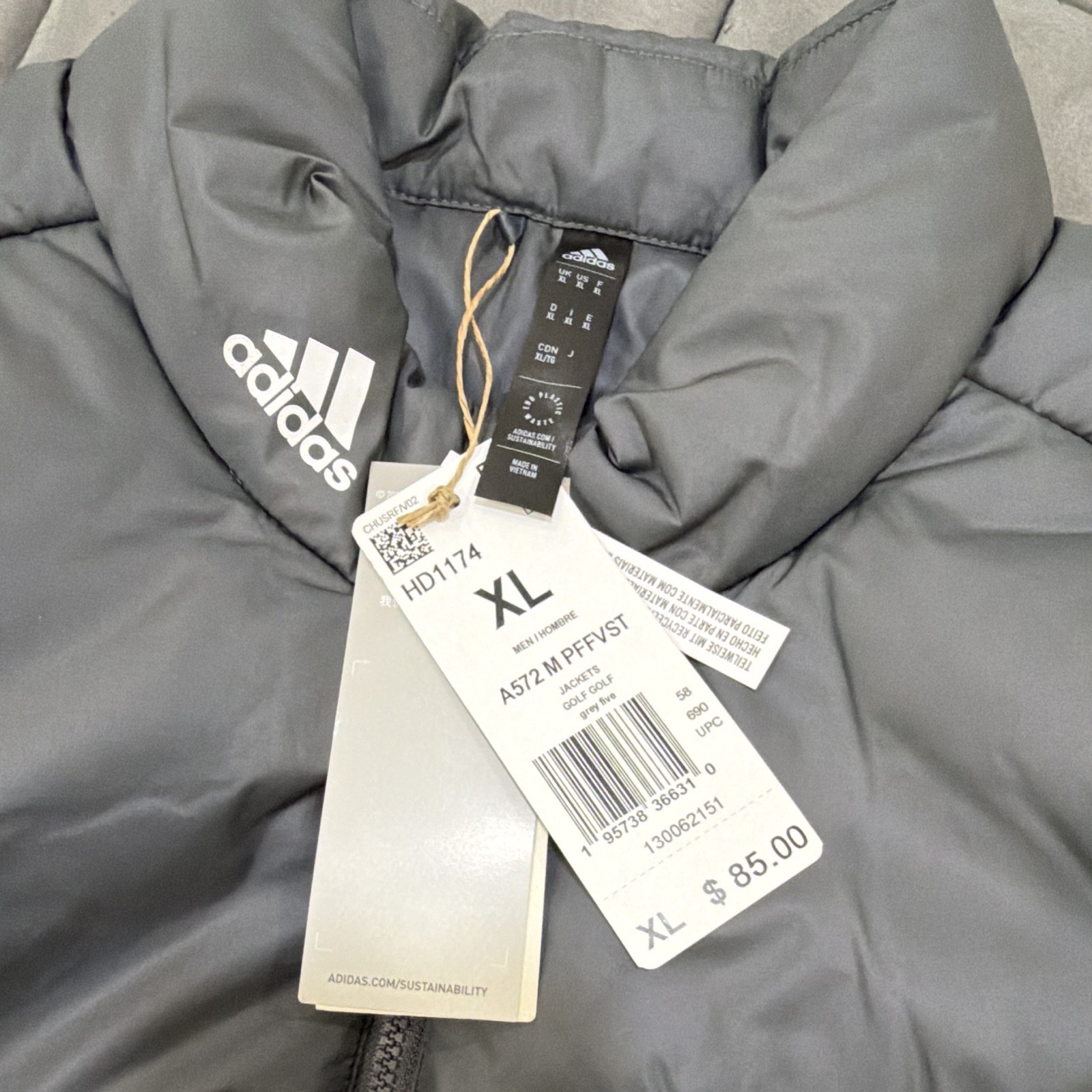 adidas Men’s Gray Puffer Vest XL Full Zip Stand-Up Collar Verizon Logo HD1174