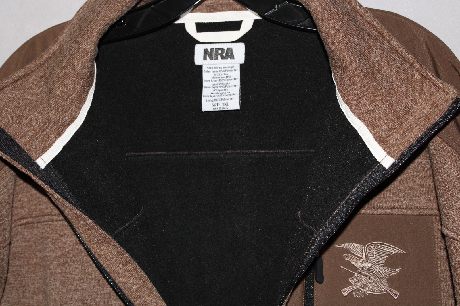 NRA Mens Brown Polyester/Cotton Full Zip Soft Shell Fleece Jacket Size 3XL