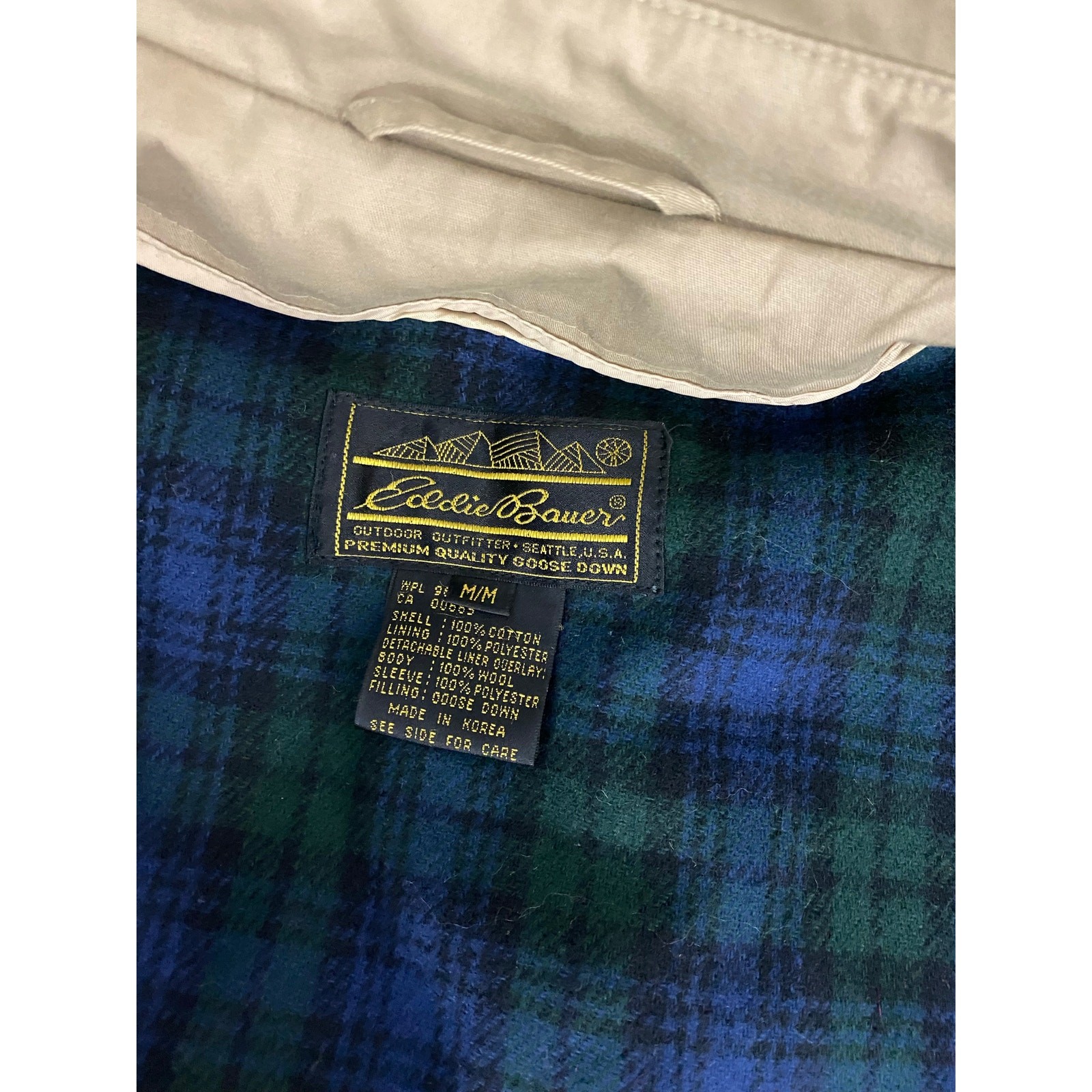 VTG Men Eddie Bauer belted wool flannel goose down lined trench coat jacket M