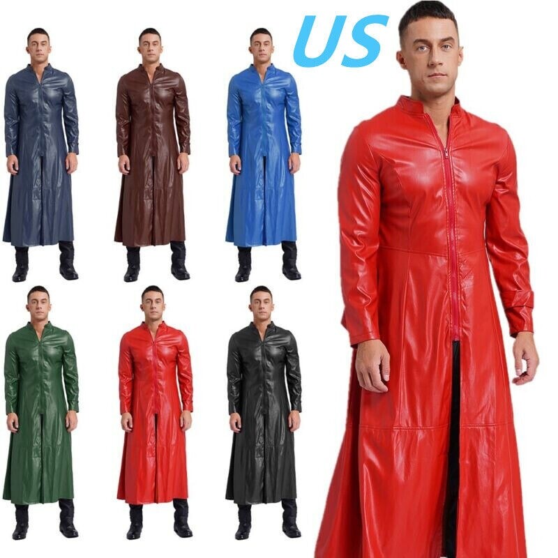 US Men PU Leather Jackets Overcoat Gothic Steampunk Stand Collar Trench Coats