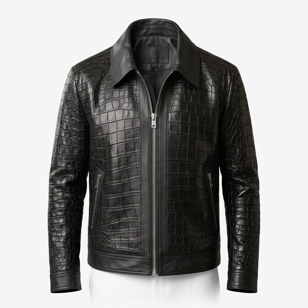 Men’s Black Genuine Lambskin Leather Croco Embossed Jacket Classic Vintage Coat