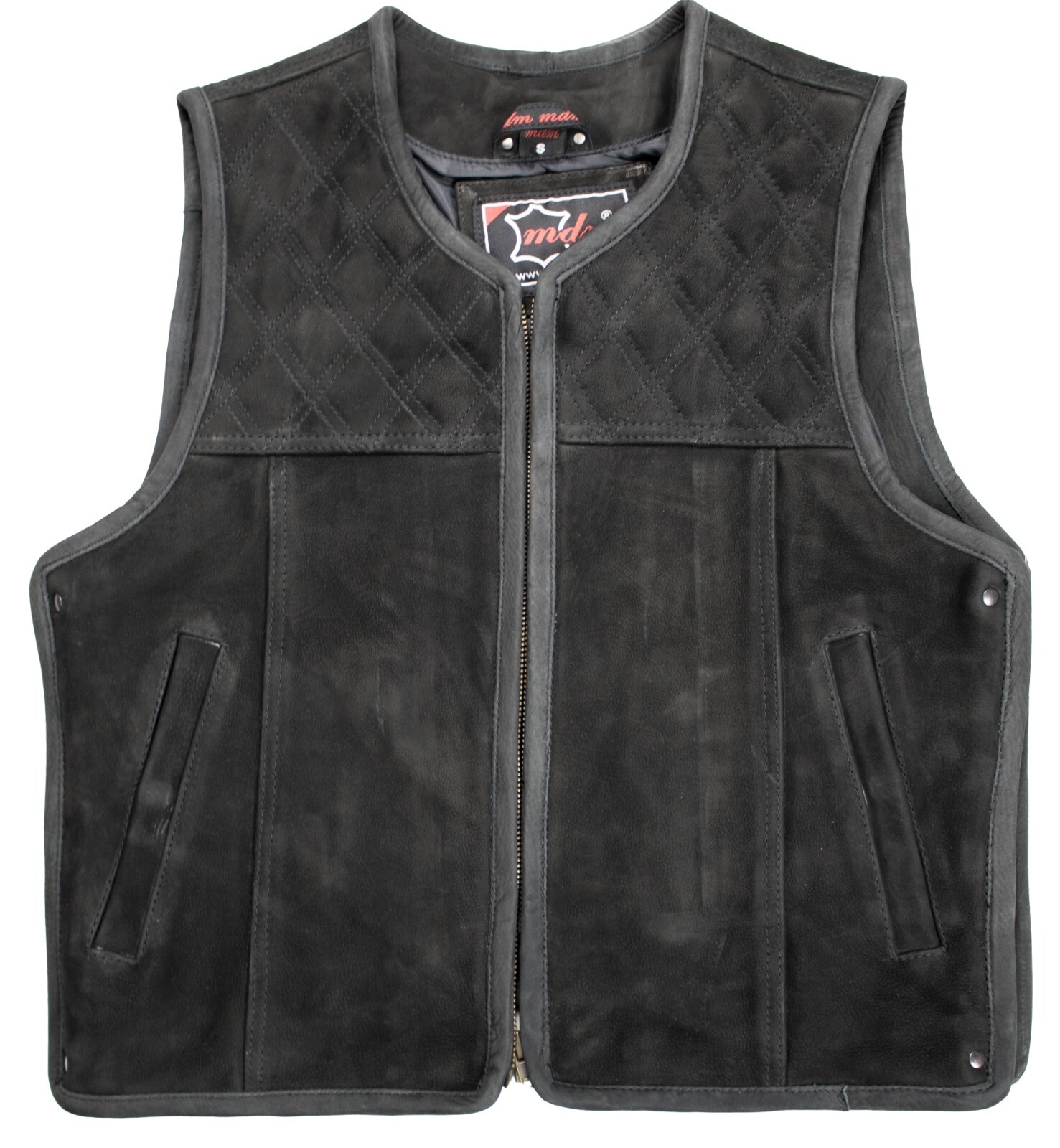 Mens Nubuck Leather Vest Hunter Club Matt Black Diamond Quilted Leather Cowl