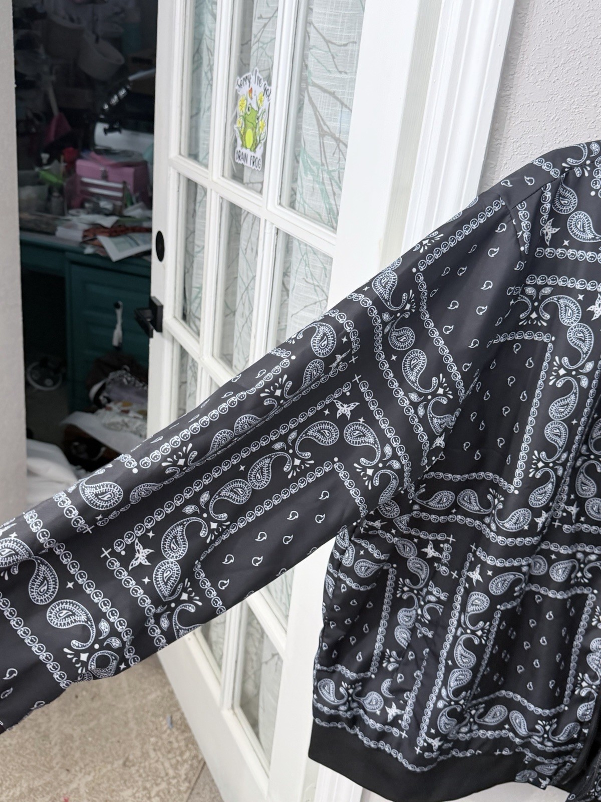 Men’s 6XL Bomber Jacket Black White Bandana Paisley Print Full Zip Big Tall