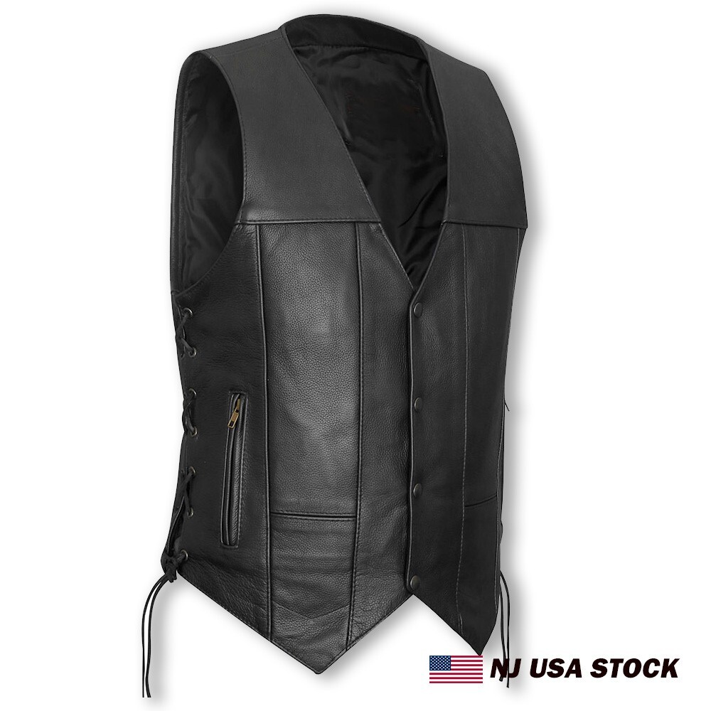 High Quality 10 Pocket Leather Motorcycle Vest with Side Laces and Gun Pockets