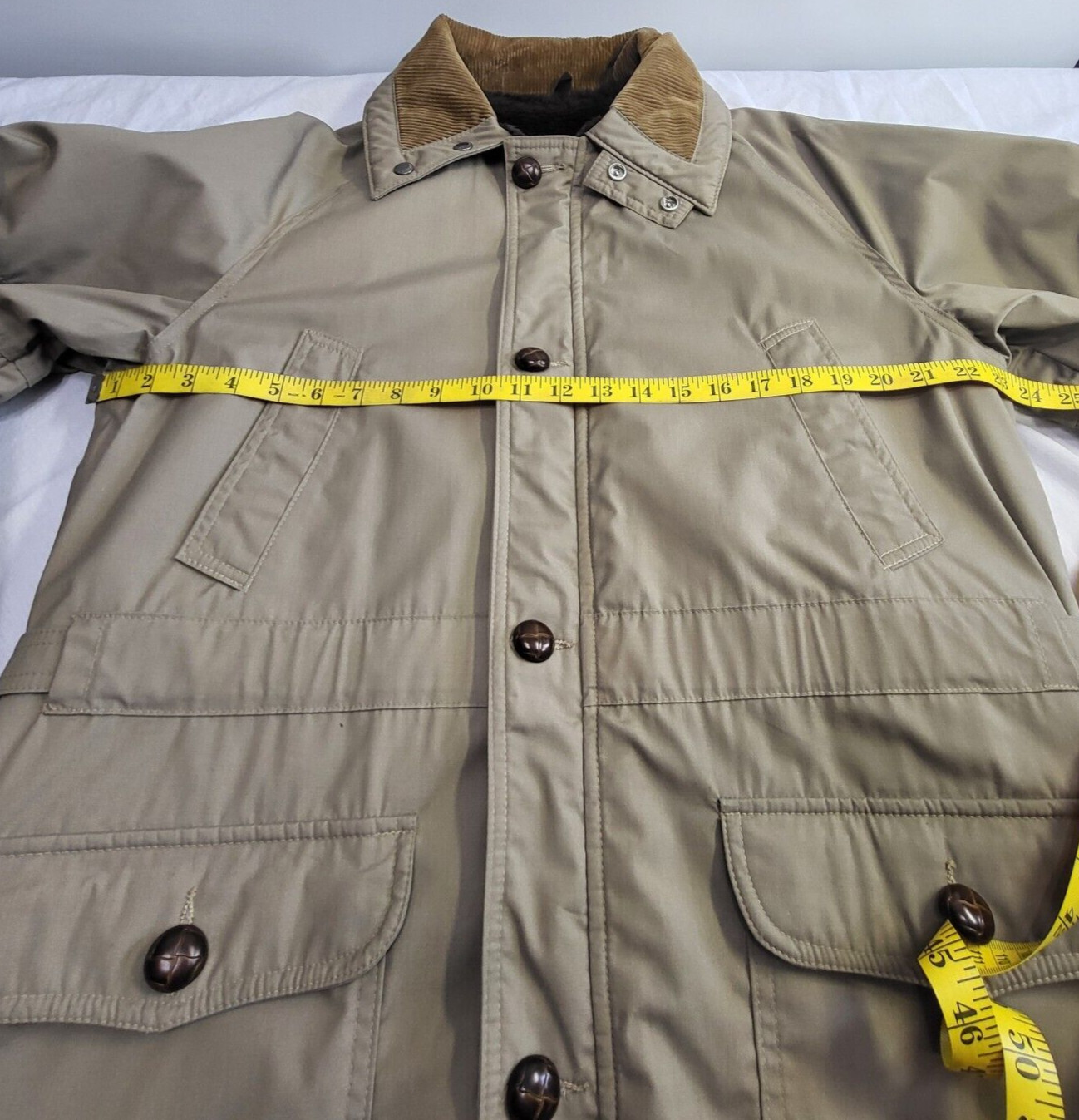 Field And Stream Brown Tan Four Button Full Zip Coat Corduroy Collar Sz 40 Vtg