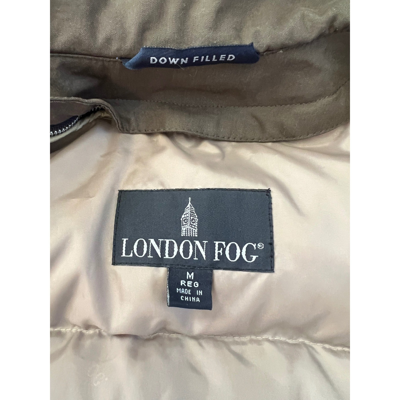 Vintage London Fog Mens Tan Down Filled Parka Hooded Coat Medium removable liner