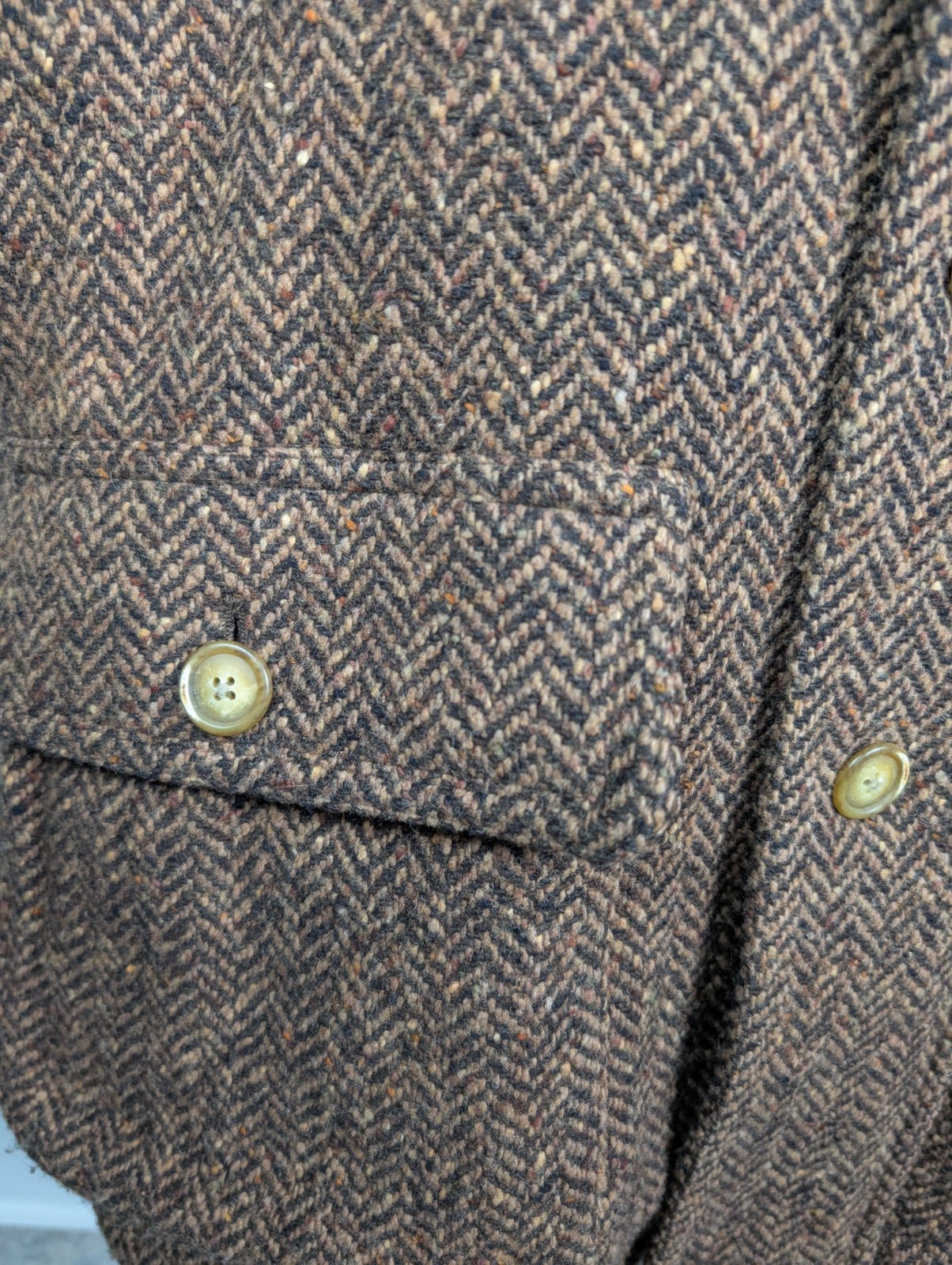 DANIEL CREMIEUX Tweed Herringbone Wool Blend Coat Sz L Leather Trim Brown