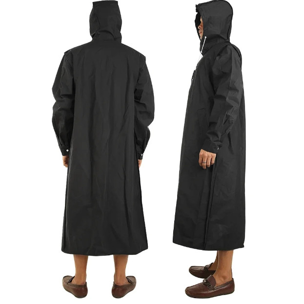 Men Black Waterproof Long Raincoat Rain Coat Hooded Trench Jacket Outdoor Hiking