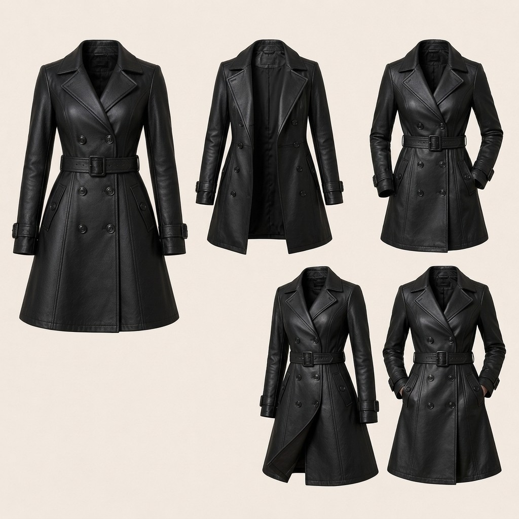 Women Black Leather Trench Coat Double Breasted Belted Long Genuine Jacket Warm