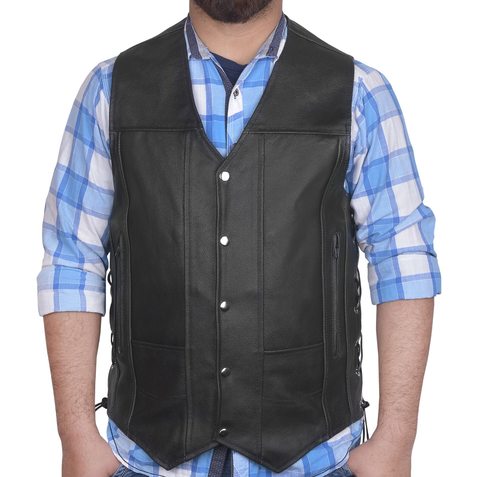 DEFY Men’s Black Genuine Leather 10 Pockets Motorcycle Biker Vest XS To 12XL