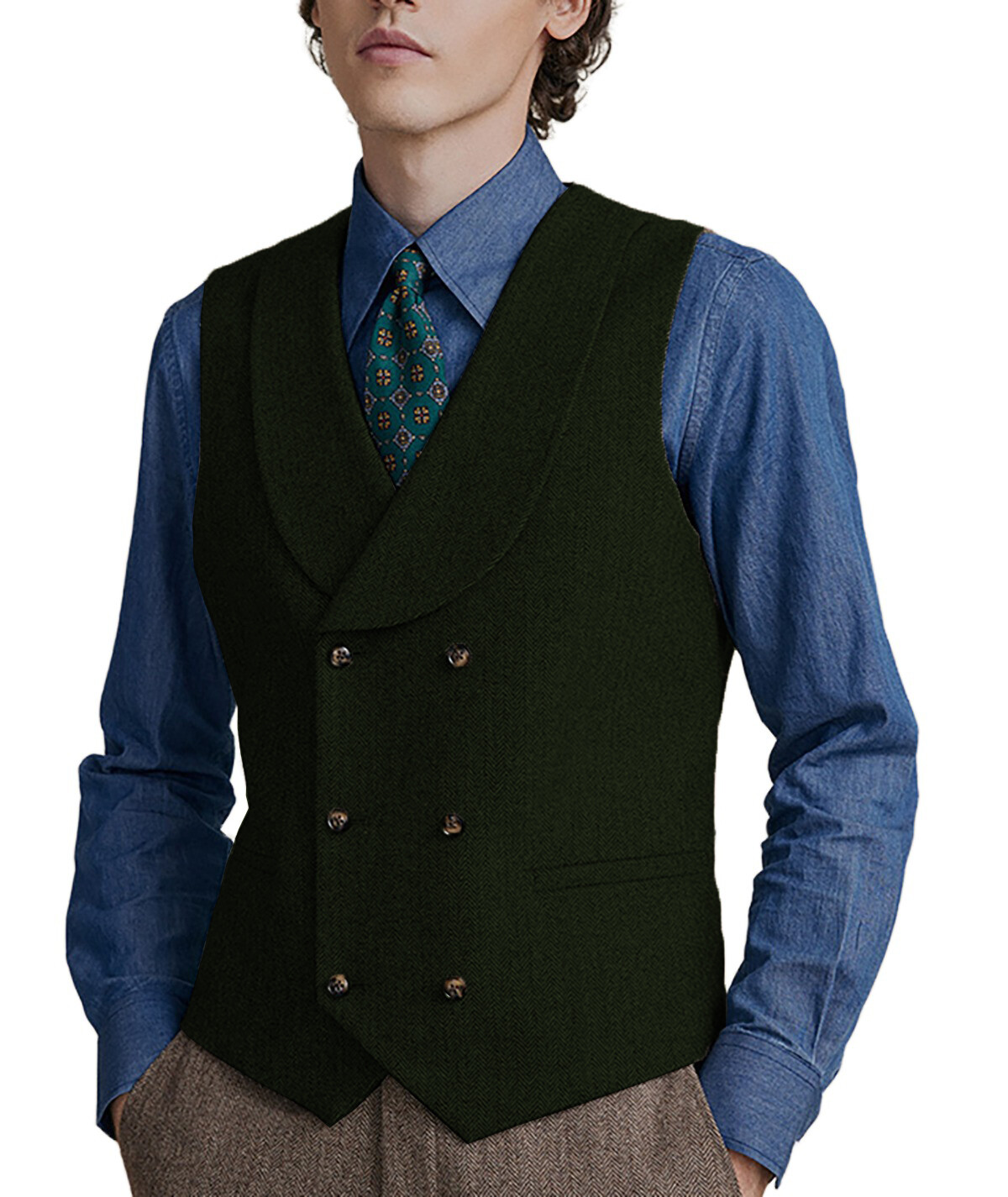 Shawl lapel Vests Mens Double-breasted Waistcoats Tweed Herringbone Wedding Wool