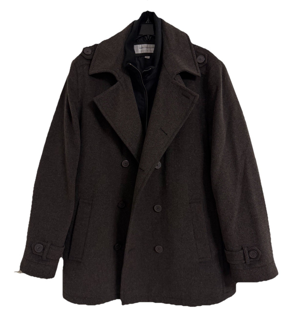 Marc New York Coat Men XL Brown Wool Herringbone Peacoat Double Breasted Lined