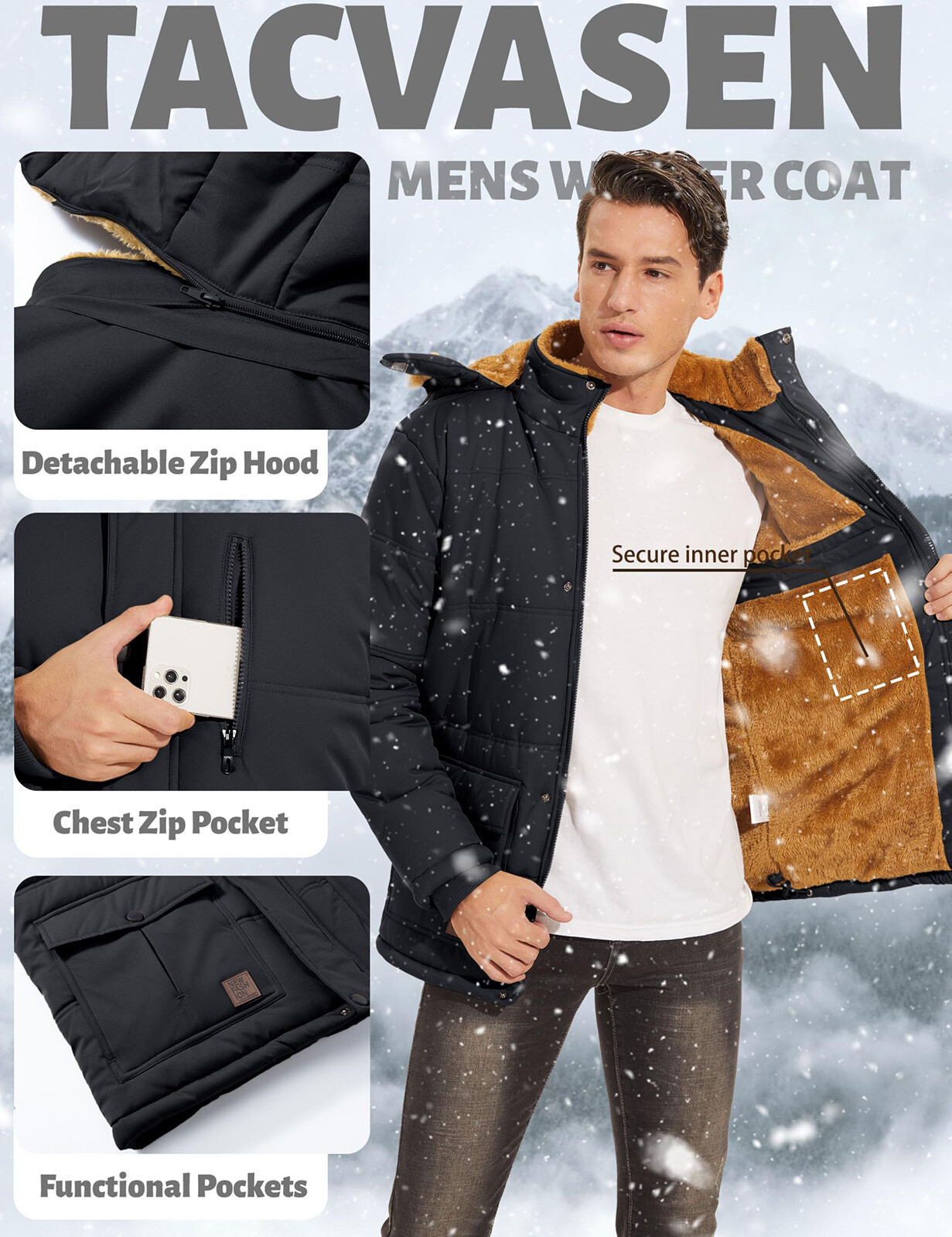 Men’s Winter Hoodie Jacket Water Repellent Windproof Thicken Parka Fleece Coats