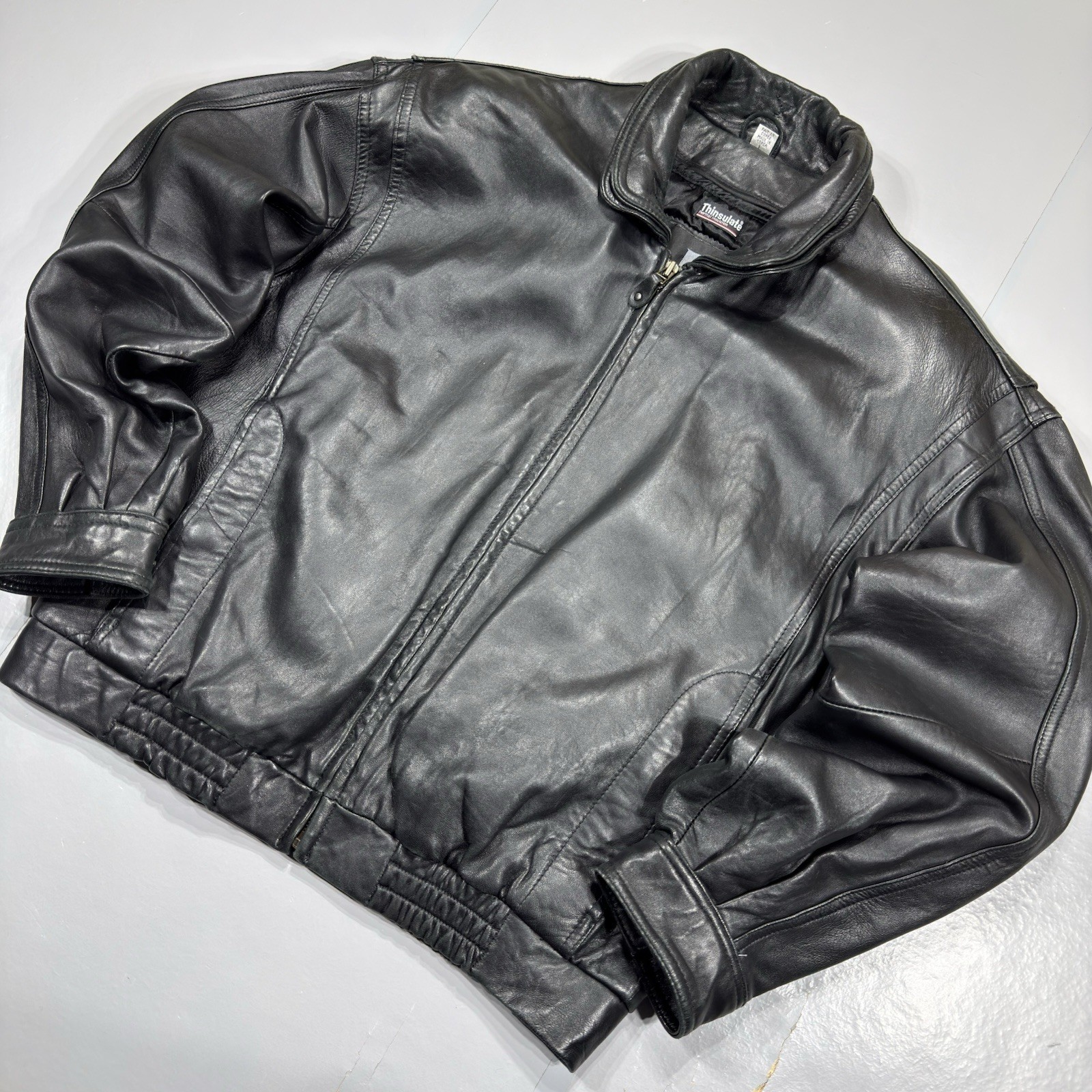 VTG LP Uomo Black Leather Flight Bomber Jacket Mens Large 3M Thinsulate Liner