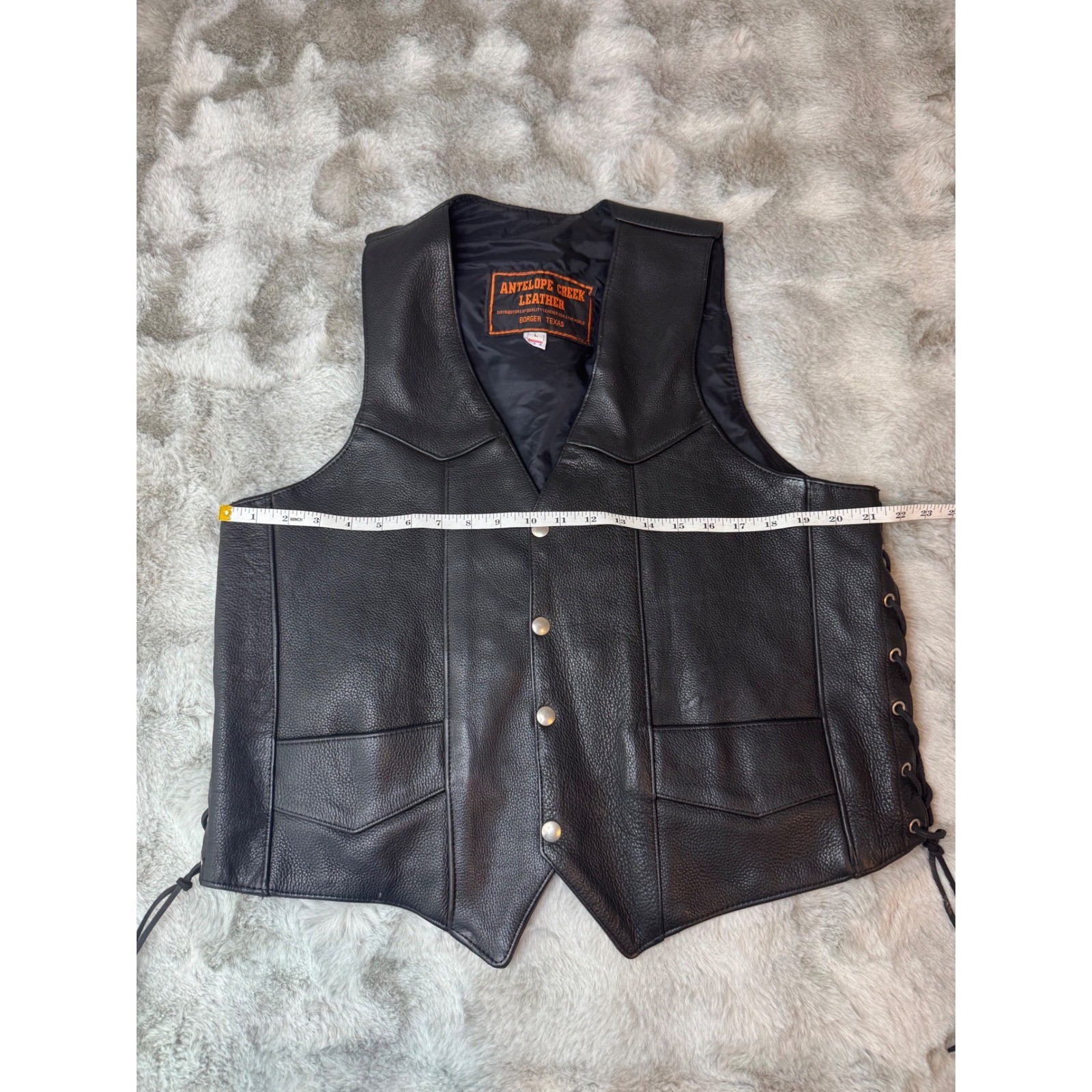 Antelope Creek Leather Mens Biker Vest Black Lace Up Side Snap Front LG-0619