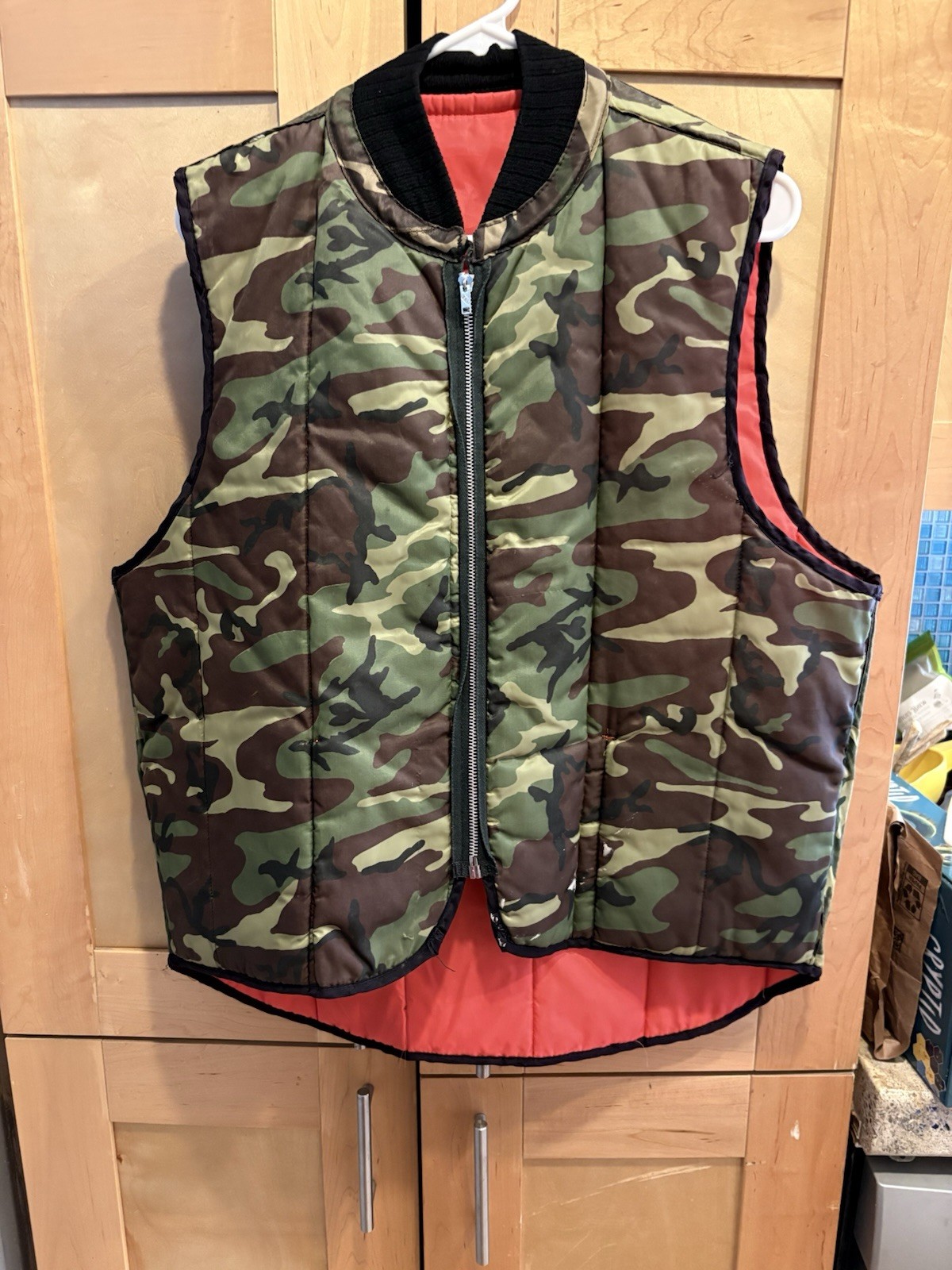 Vintage Camo Quilted Vest Mens Medium Green Orange Reversible Style Hunting