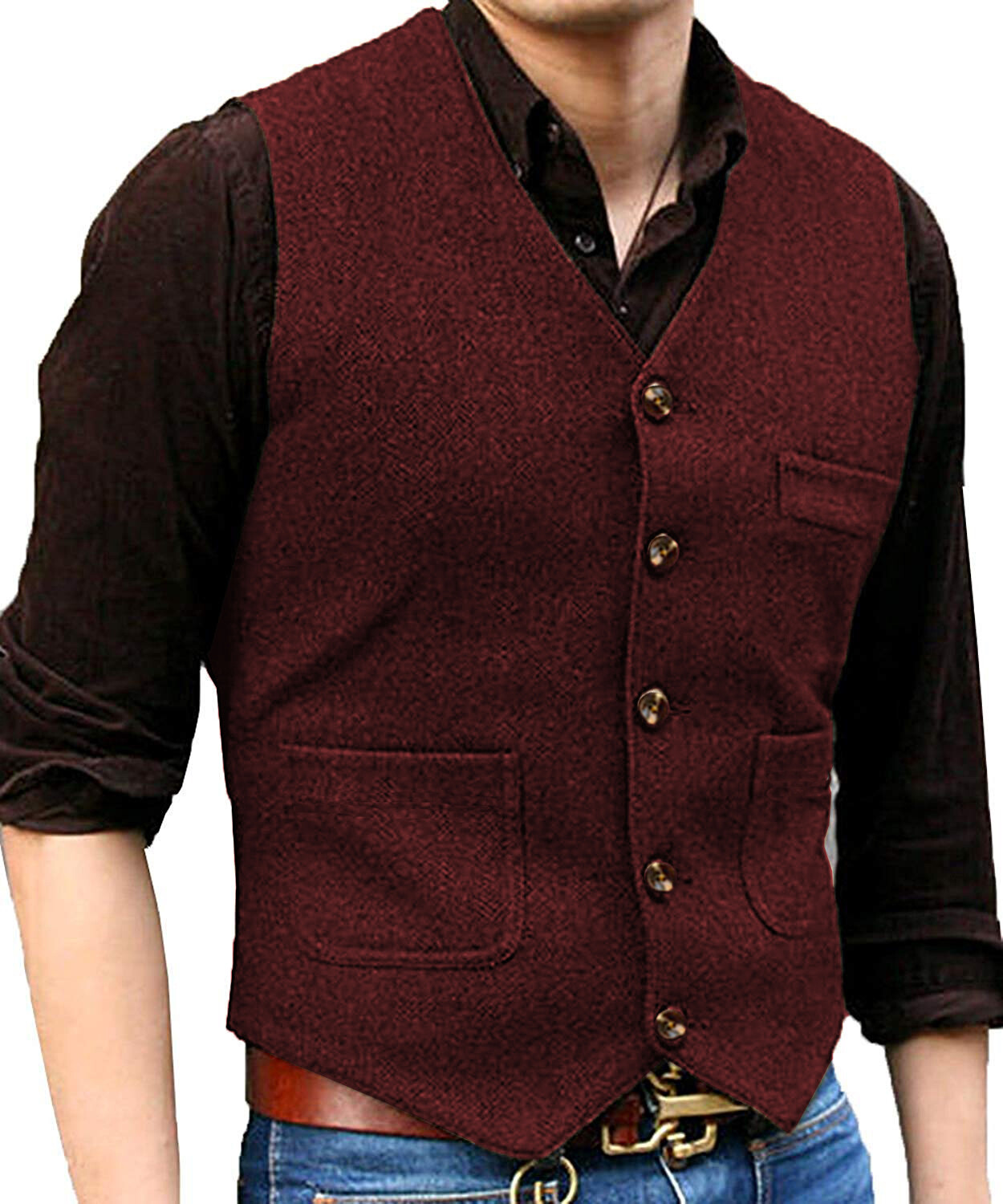 Men Suit Herringbone Waistcoat Tweed Vest Wedding Vintage Wool Groomsman Hunting