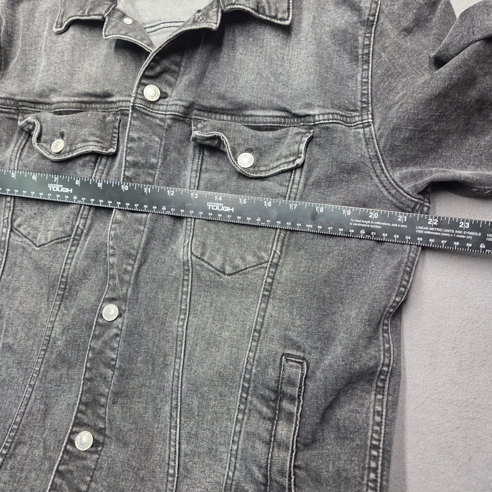 Zara Mens Denim Jacket XL Black Washed Trucker Button Up Coat