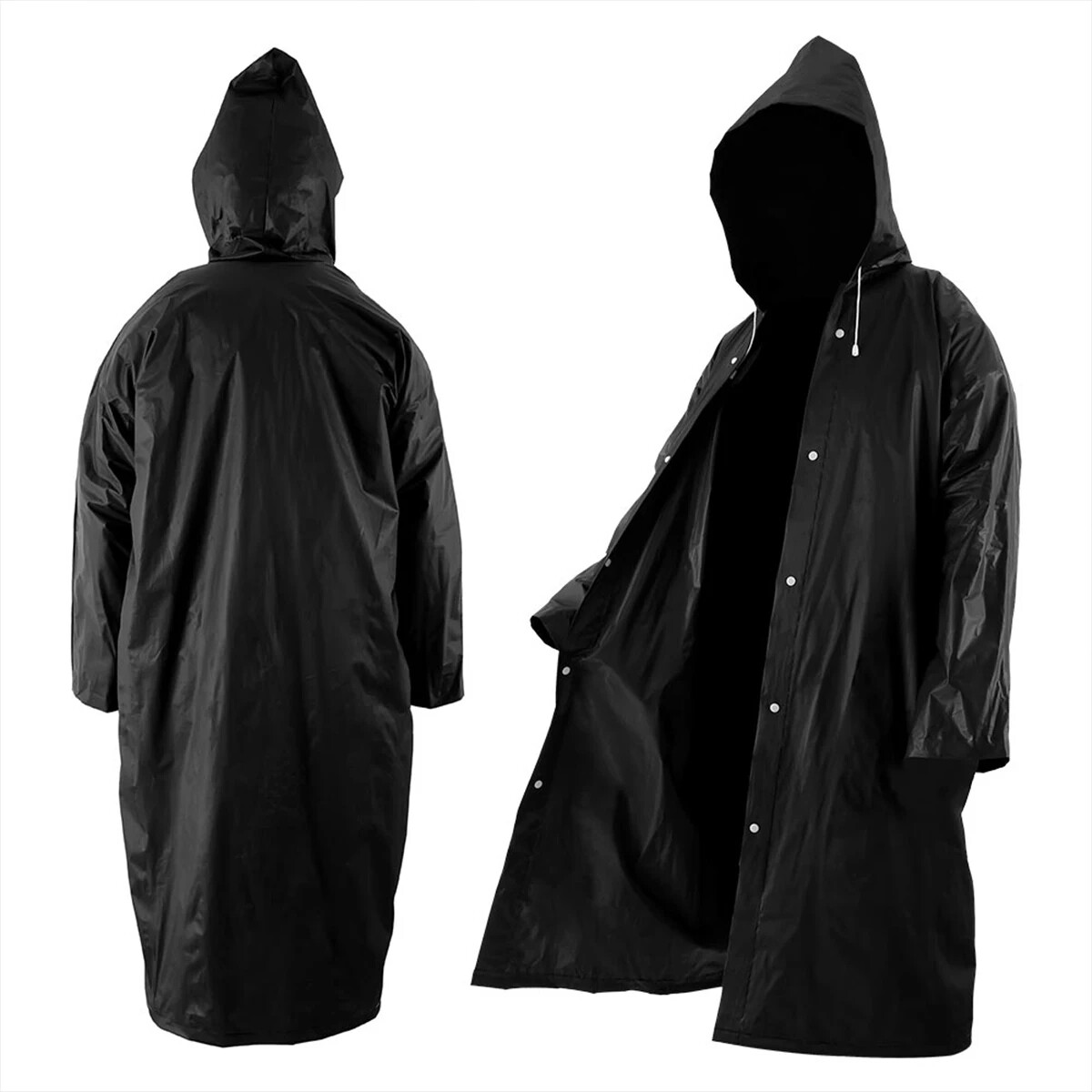 Men Black Waterproof Long Raincoat Rain Coat Hooded Trench Jacket Outdoor Hiking