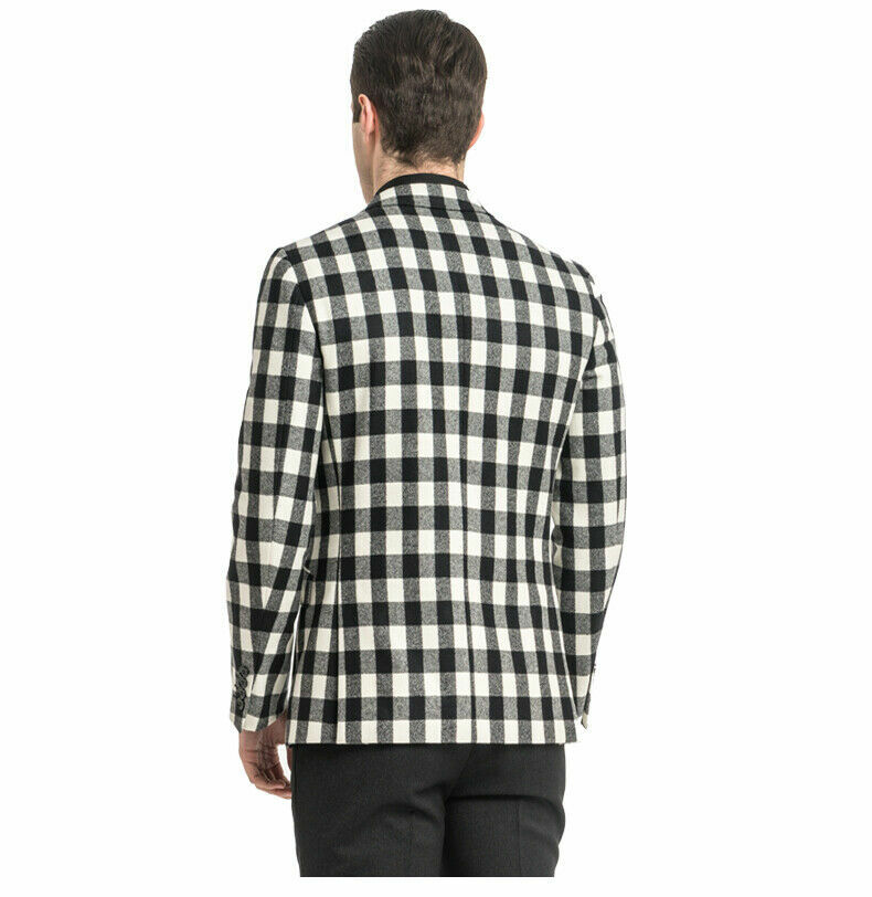 Black and White Check Mens Blazer Plaid Casual Business Slim Workwear Tuxedos
