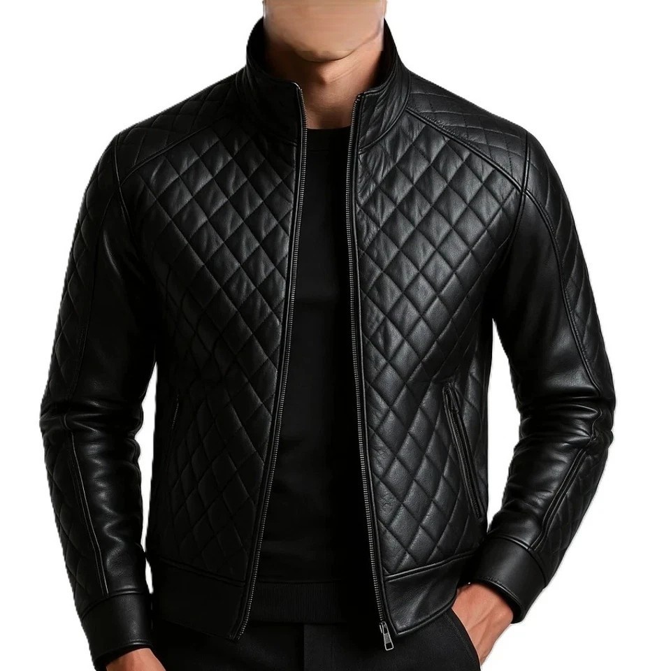 New Men’s Real Lambskin Leather Flight Bomber Jacket Quilted Style Biker Coat