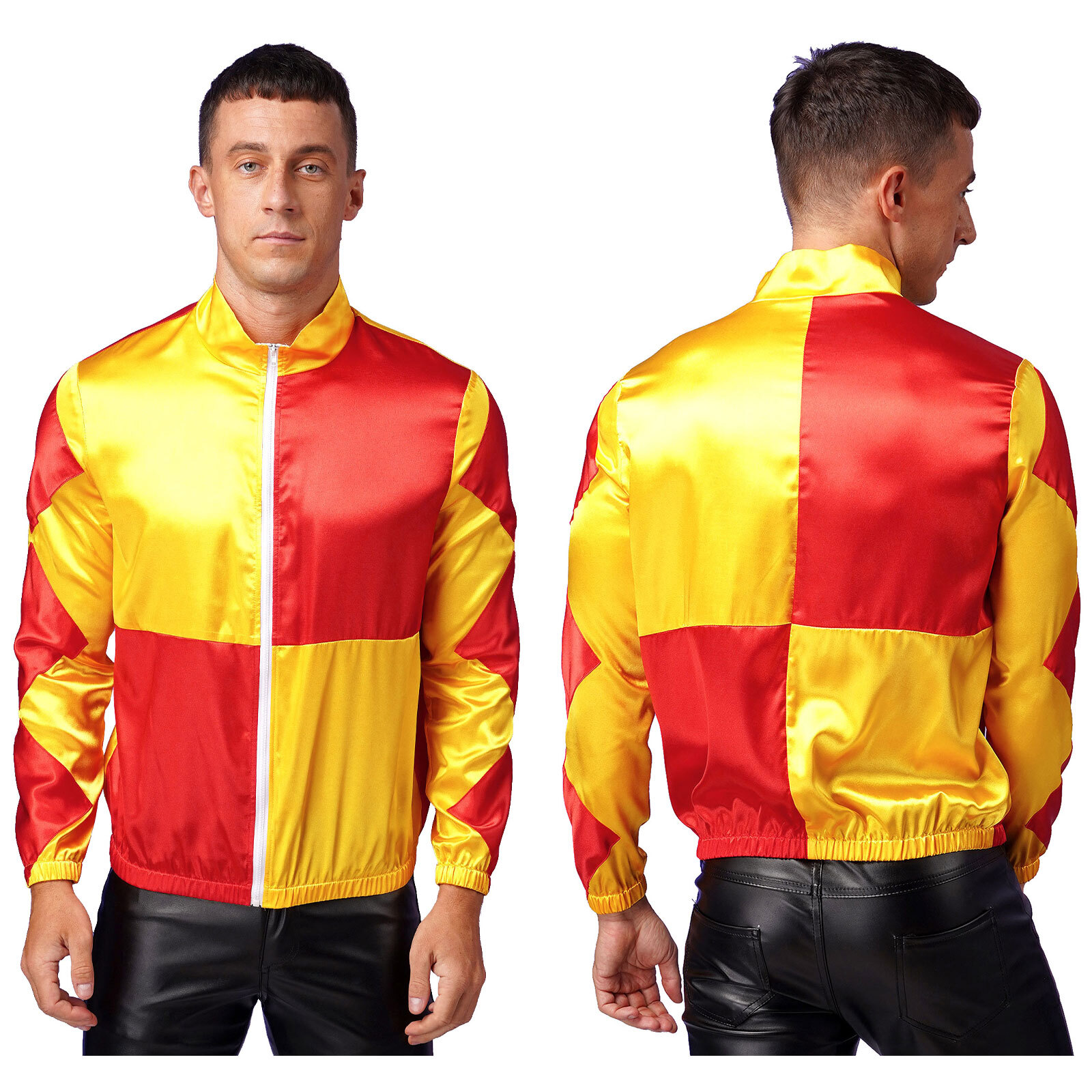 US Mens Checkerboard Jackets Front Zipper Outerwear Horse Satin Contrast