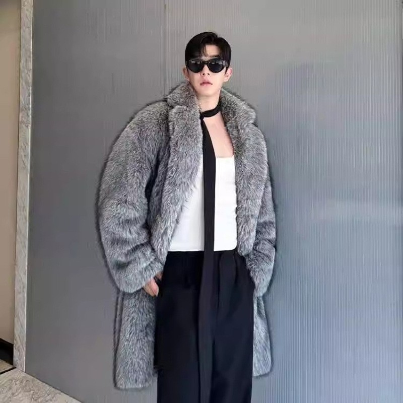 Mens Lapel Collar Mink Fur Mid Long Coats Faux Fur Overcoats 105cm Length Winter