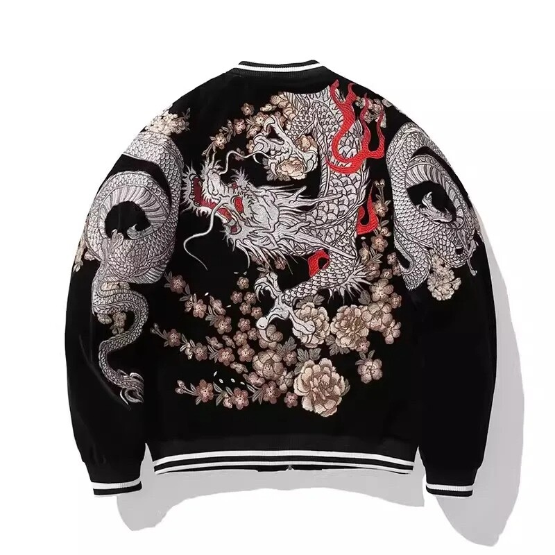 Unique Jacket Embroidered Dragon Baseball Collar Japanese Pattern Sukajan Coat