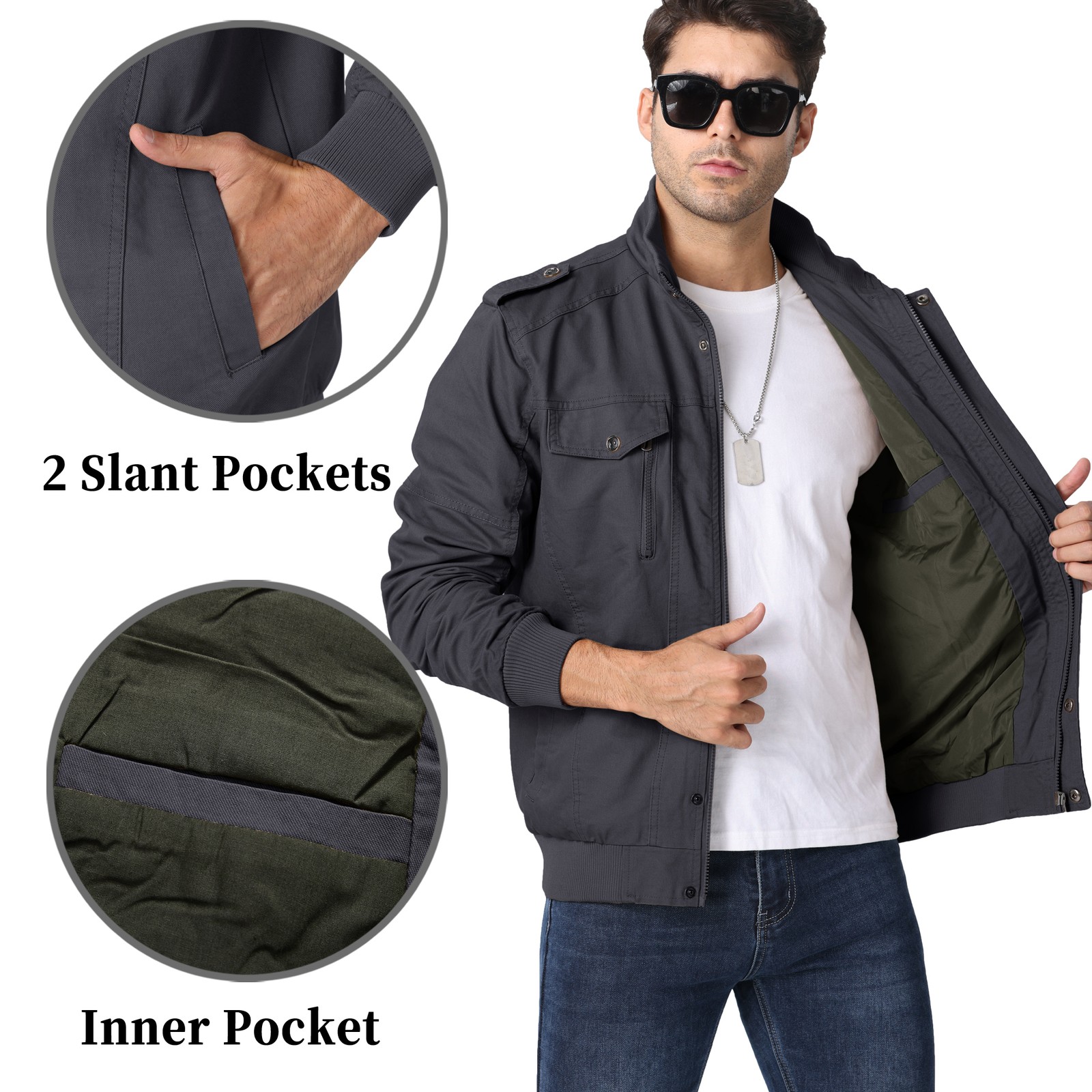 Men’s Spring Fall Cotton Jacket Cargo Bomber Jacket Lightweight Casual Work Coat