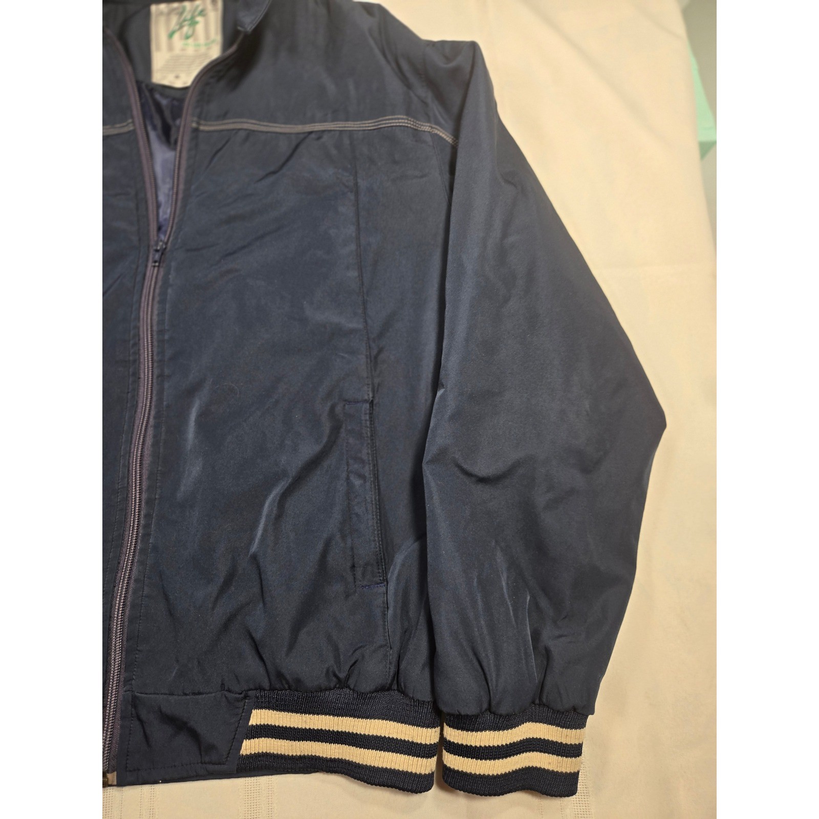 Oh Yes! It’s Life Mens Navy Blue Full Zip Bomber Jacket Striped Trim Size L
