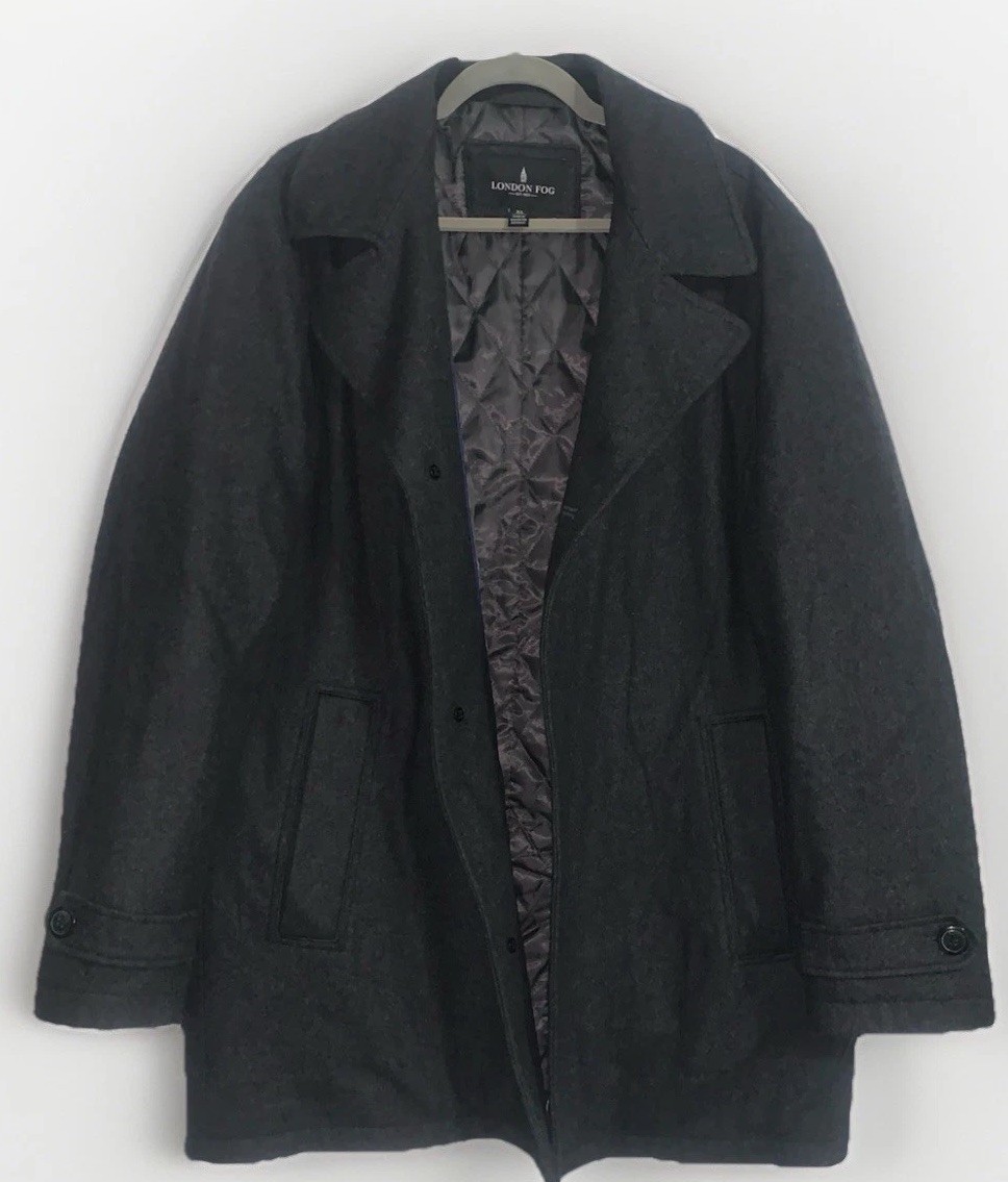 London Fog Mens XL Classic Fit Wool Blend Single Breasted Coat Puff Lined Grey