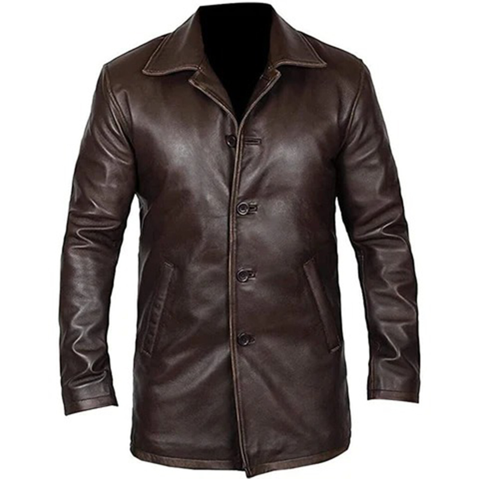 Mens Casual Four Button Brown Classic Blazer Genuine Leather Jacket