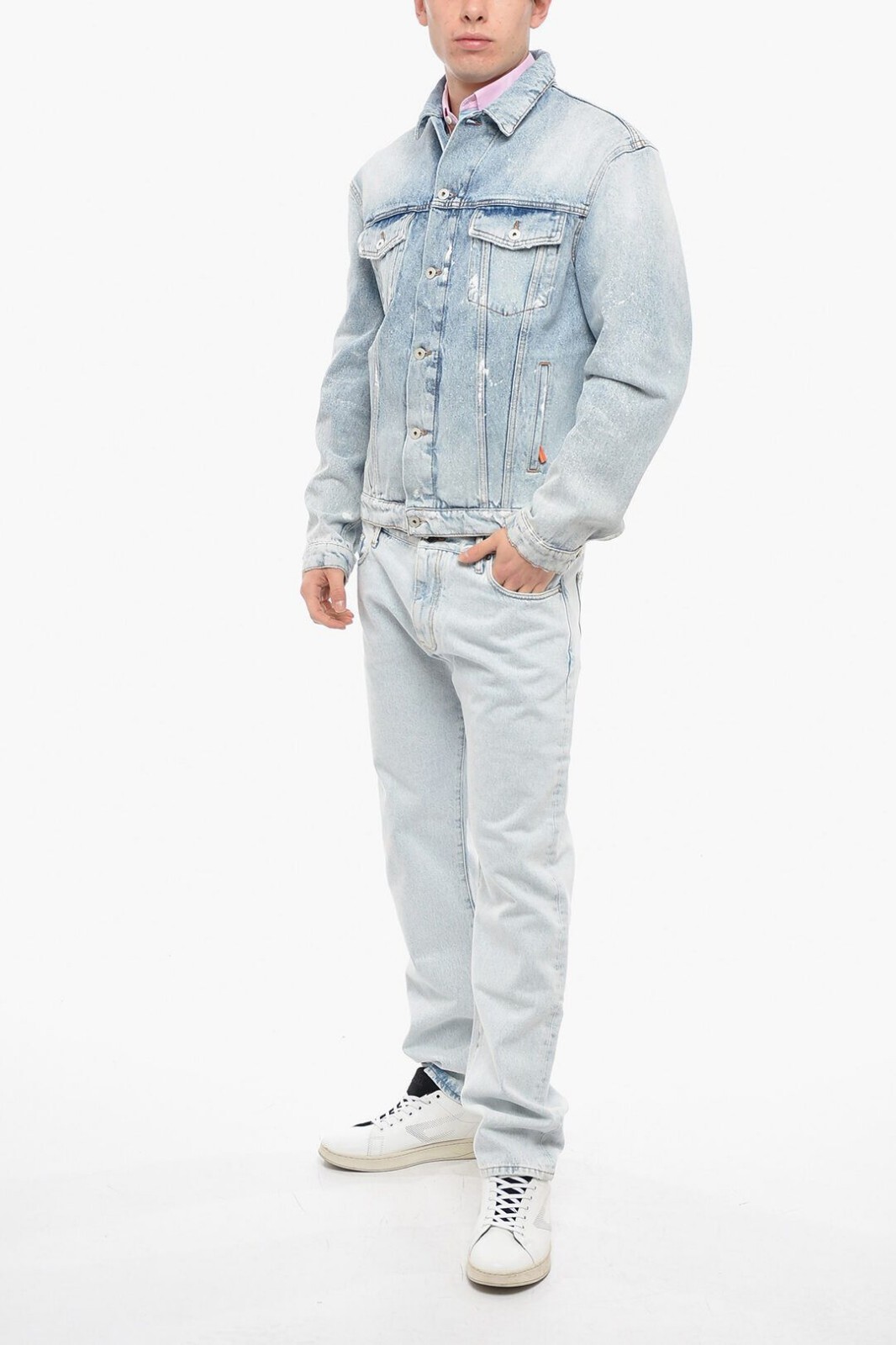 (NO CUSTOMS TAX) HERON PRESTON blue distressed paint splatter denim jacket Large
