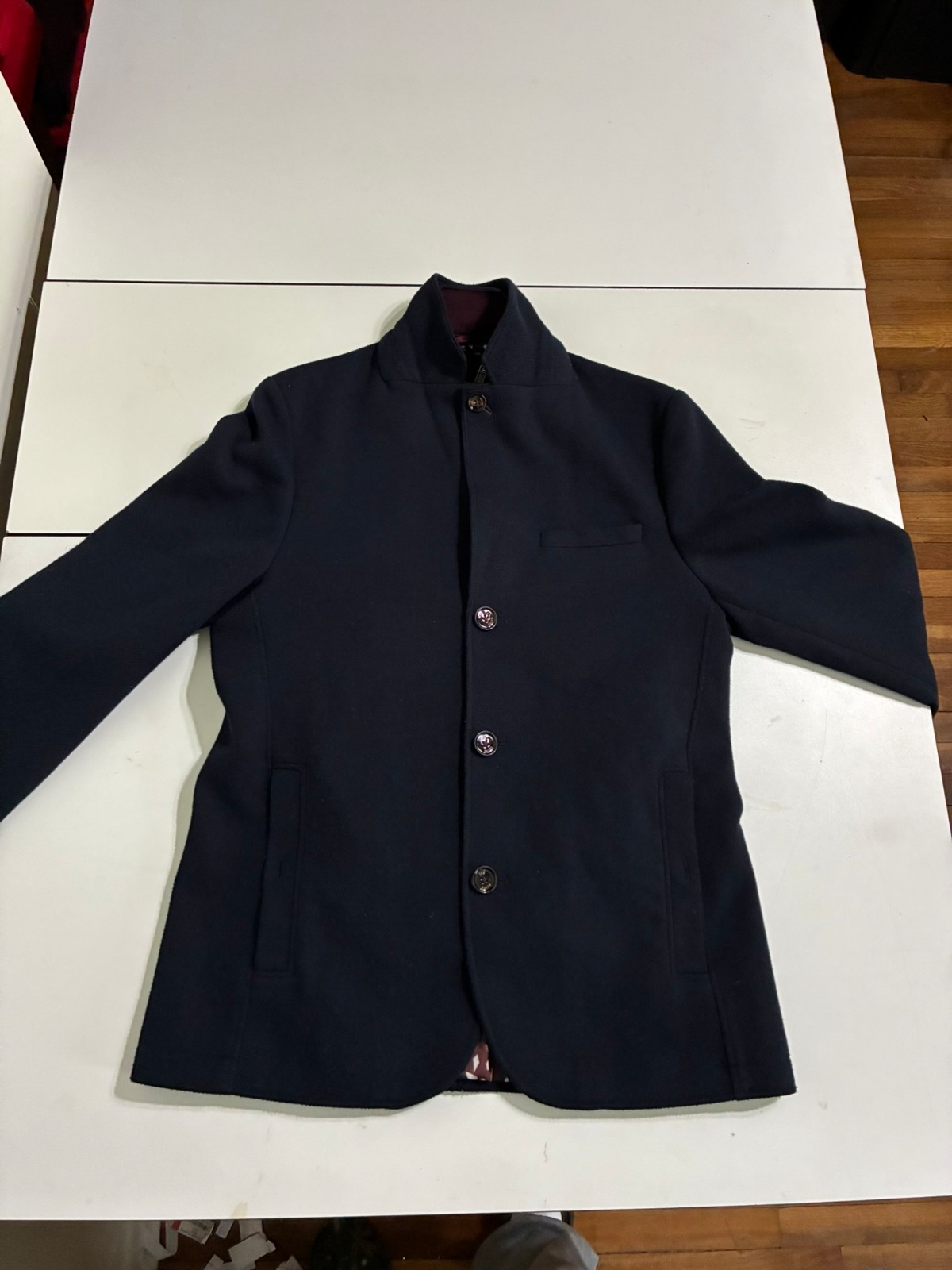 Ted Baker Overcoat 4 Navy Button Front Modern Tailored Preppy Designer Sports