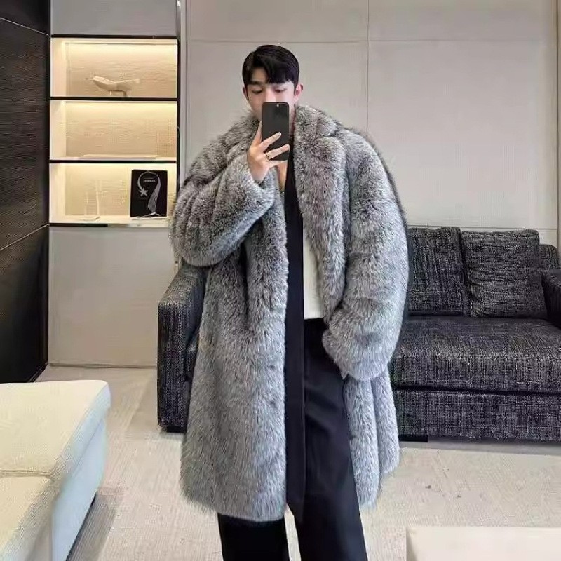Mens Lapel Collar Mink Fur Mid Long Coats Faux Fur Overcoats 105cm Length Winter