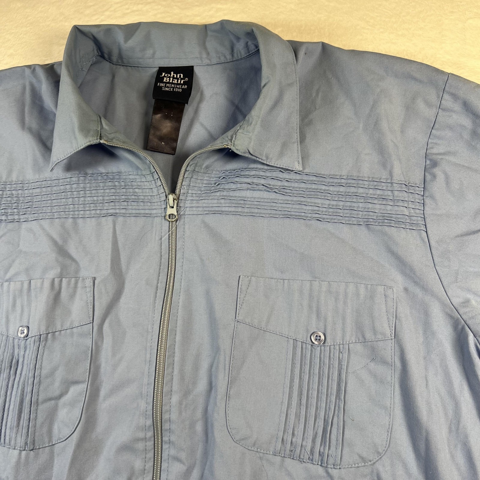 John Blair Vintage Jacket Mens XL Blue Short Sleeve Zip Front Harrington Style