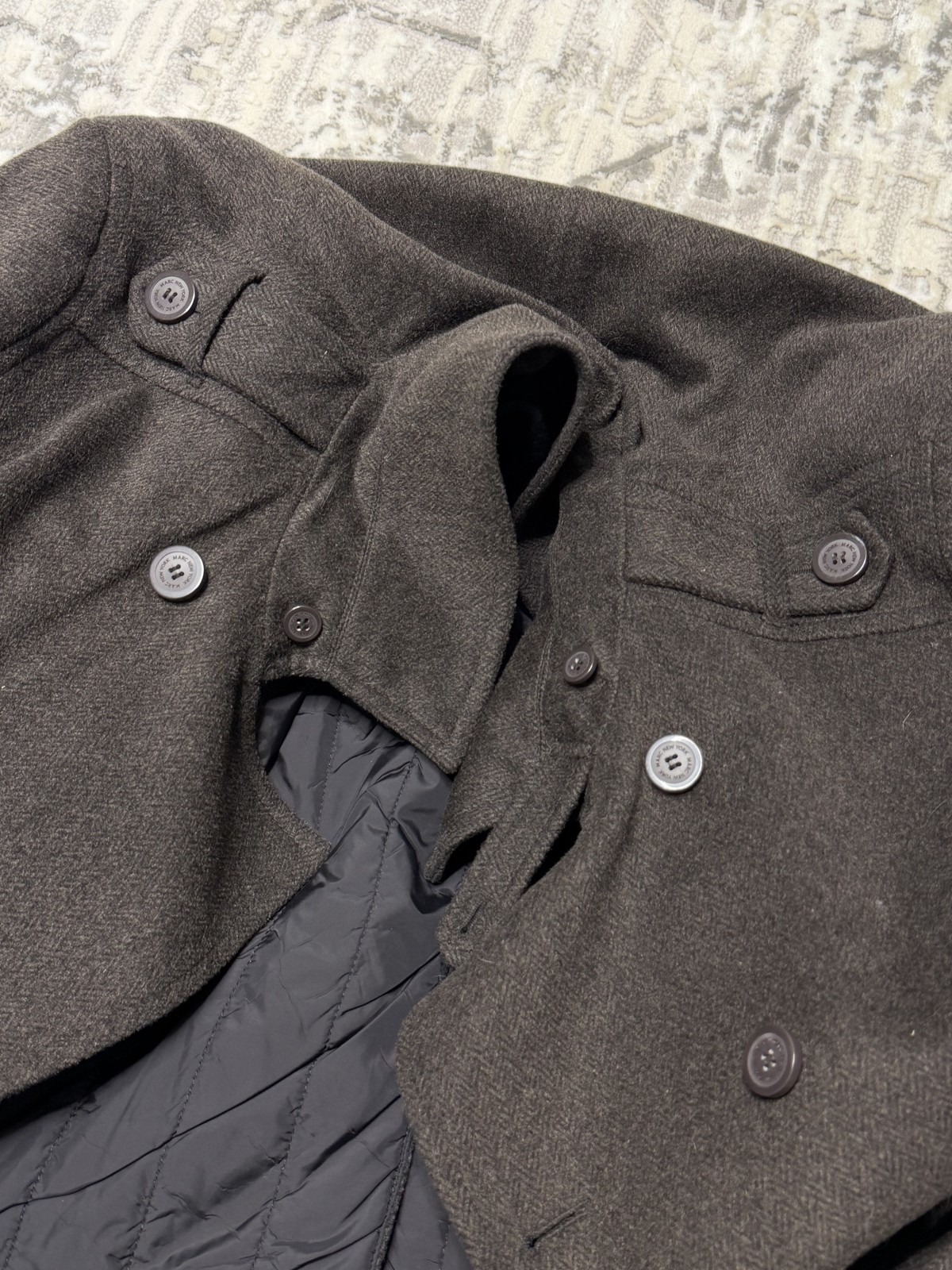 Marc New York Coat Men XL Brown Wool Herringbone Peacoat Double Breasted Lined