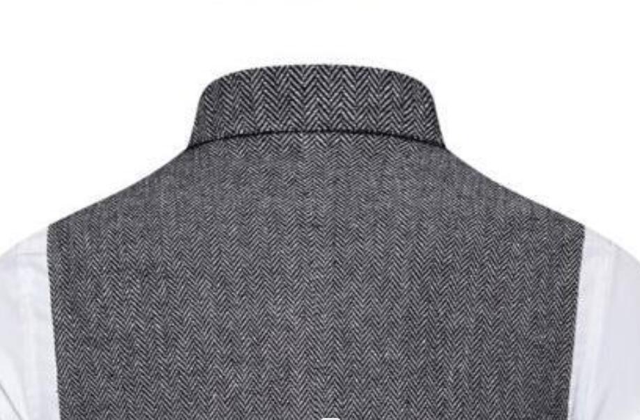 Formal Men Double-Breasted Herringbone Waistcoat Tweed Vest Wedding Vintage Wool