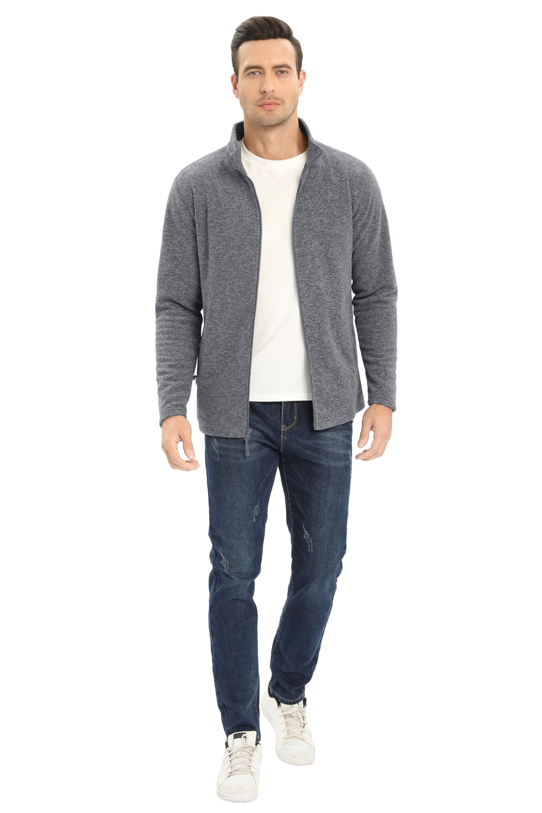 Mens Stand Collar Fleece Jacket Lightweight Full-Zip Warm Coat Casual Sportswear