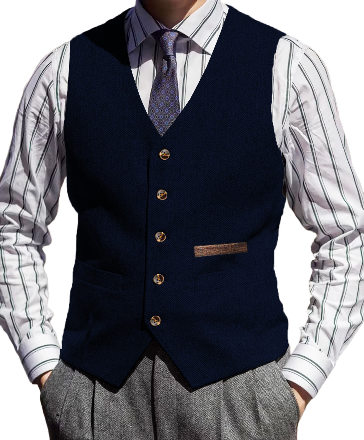 Tweed Vest Mens V-Neck Grooms Waistcoat Wool Waistcoat Herringbone Vintage Retro