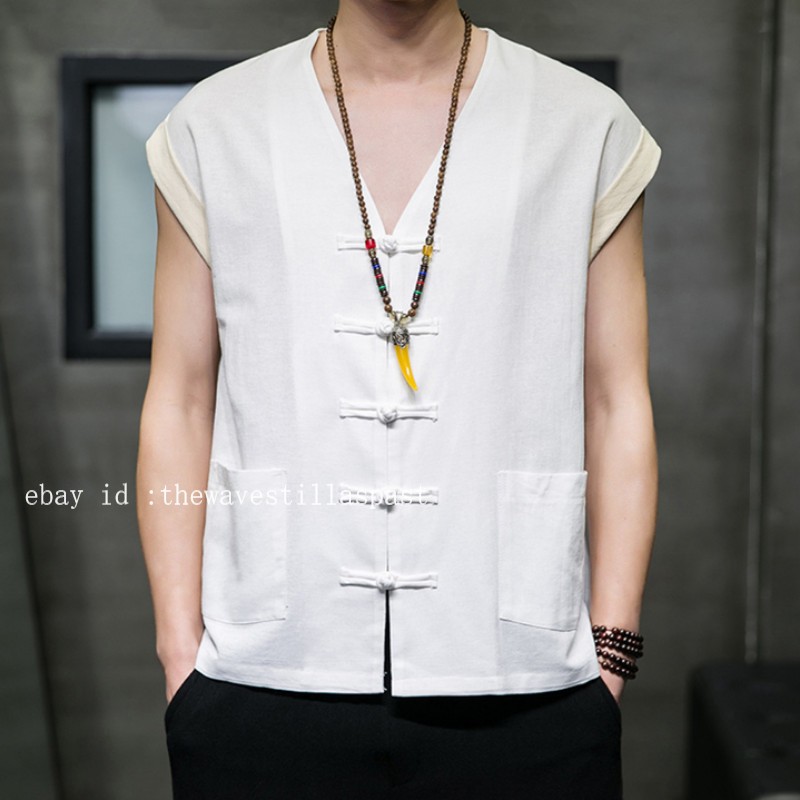 Men Cotton Linen Waistcoat Vest Sleeveless Tang Suit Jacket Kung Fu Tai Chi Vest