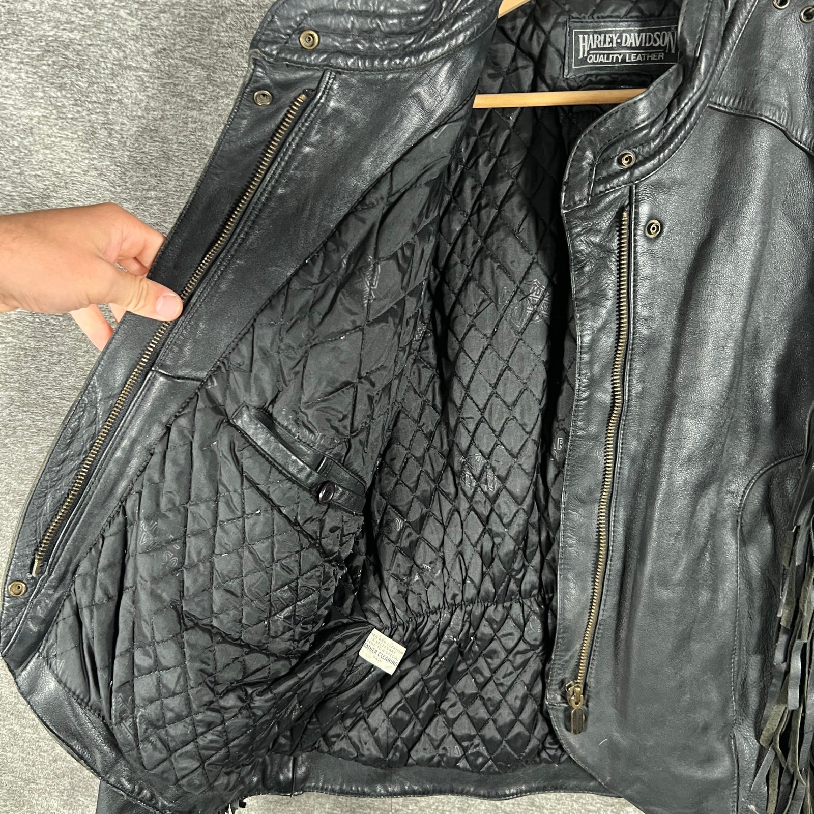 Vintage Harley Davidson Leather Fringe Jacket Mens 44 (L) Motorcycle Quilt Lined