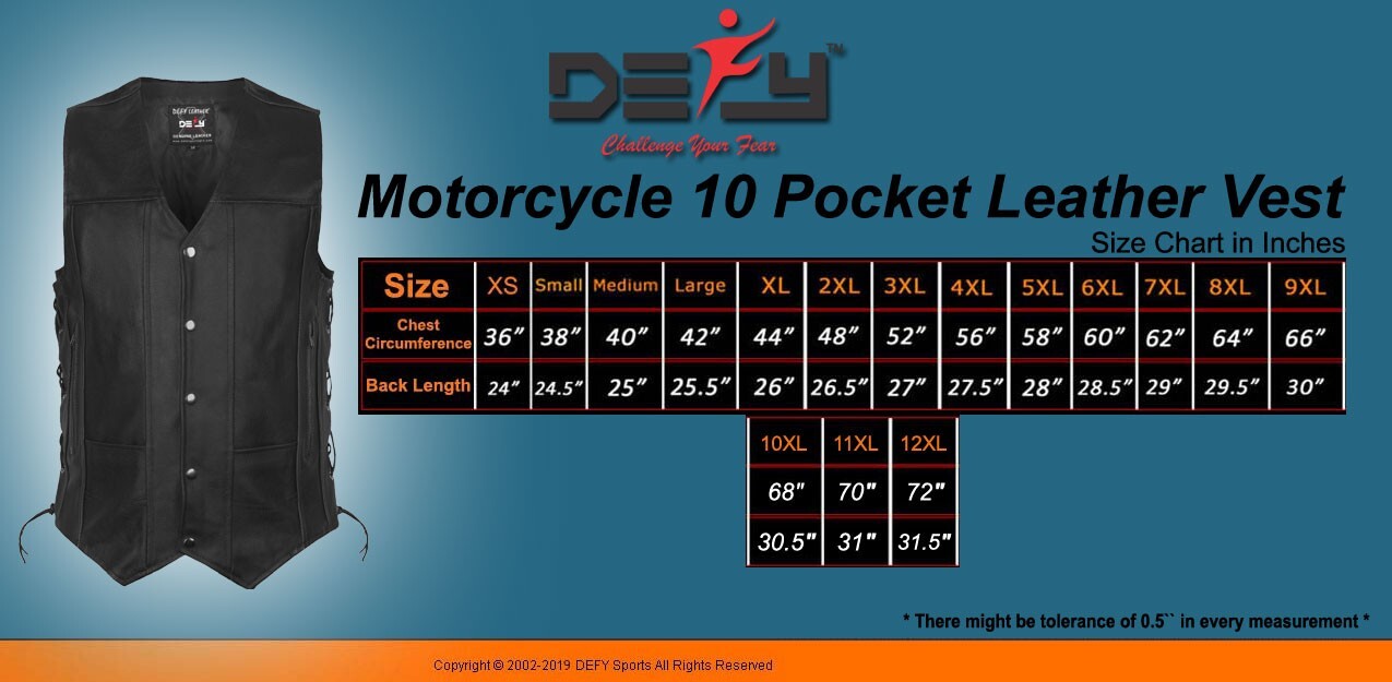 DEFY New Men’s Biker Black Genuine Leather 10 Pockets Motorcycle Vest XS To 12XL