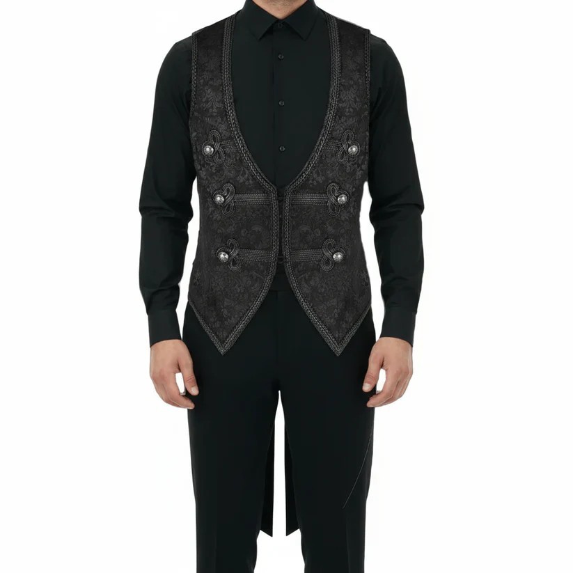 Men’s Brocade Vest Waistcoat Tailcoat Black Damask Velvet Gothic Steampunk/USA
