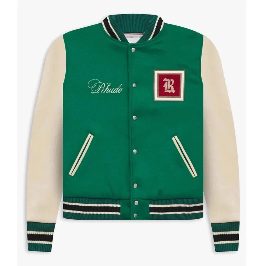 Rhude Green and Cream Varsity Jacket wool and real leather