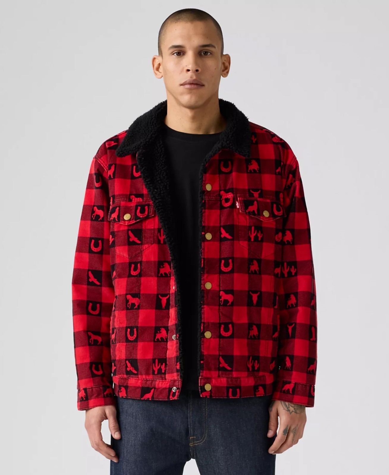 Levi’s Men Sherpa Lining Buffalo Check Plaid Western Cowboy Trucker Jacket M L