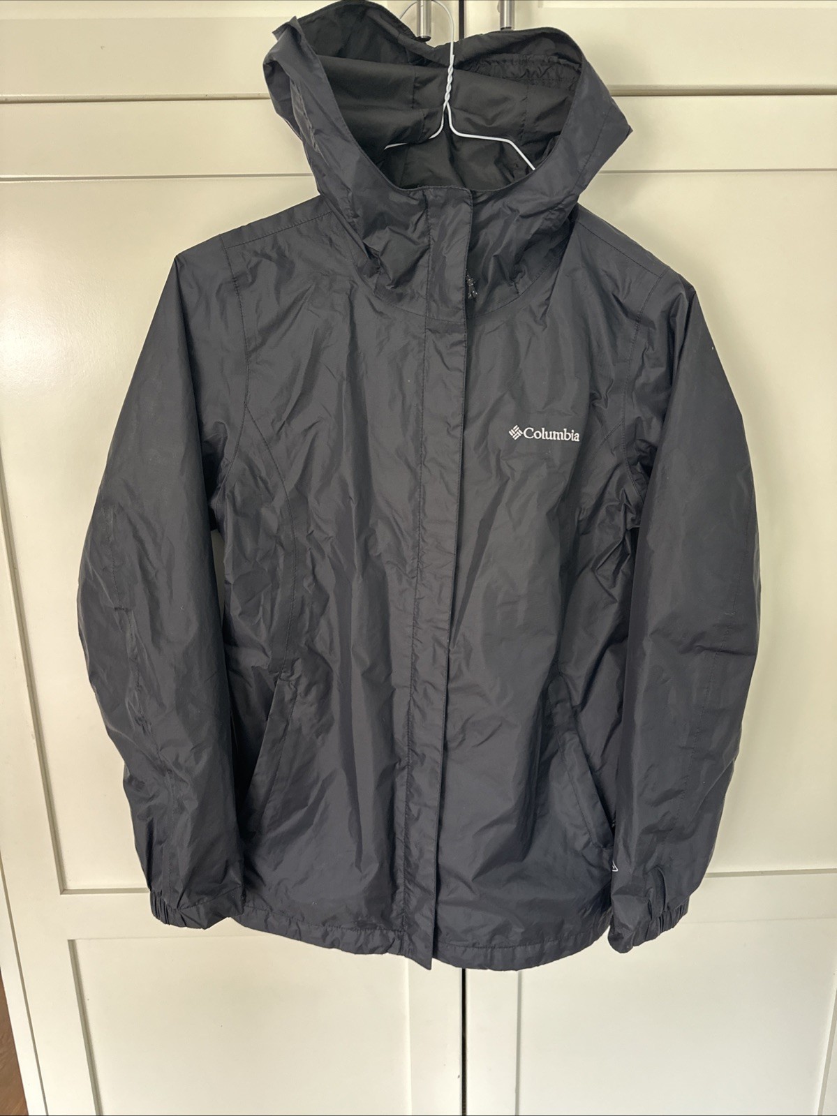 Columbia Omni-Tech Rain Jacket Mens Small Black Hooded Waterproof Shell Zip Up